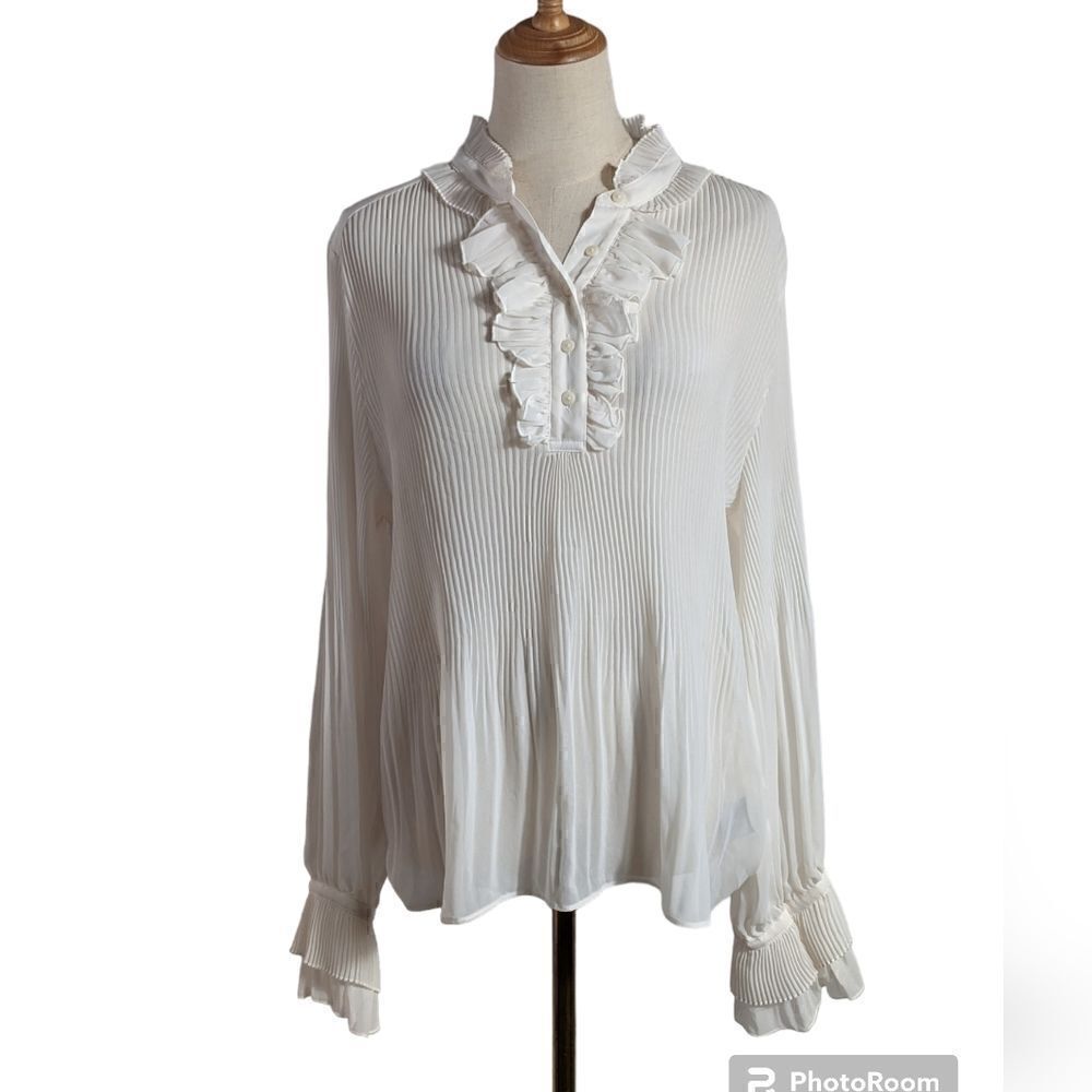 Worthington Sheer Pleated Bell Sleeve Blouse